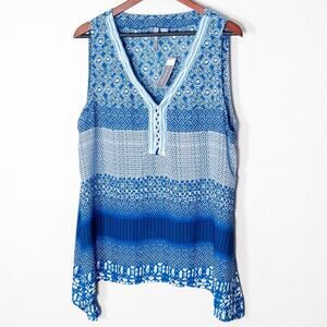 By Design Blue Print Sleeveless Tunic Top XL NWT Coastal Inspired Boho